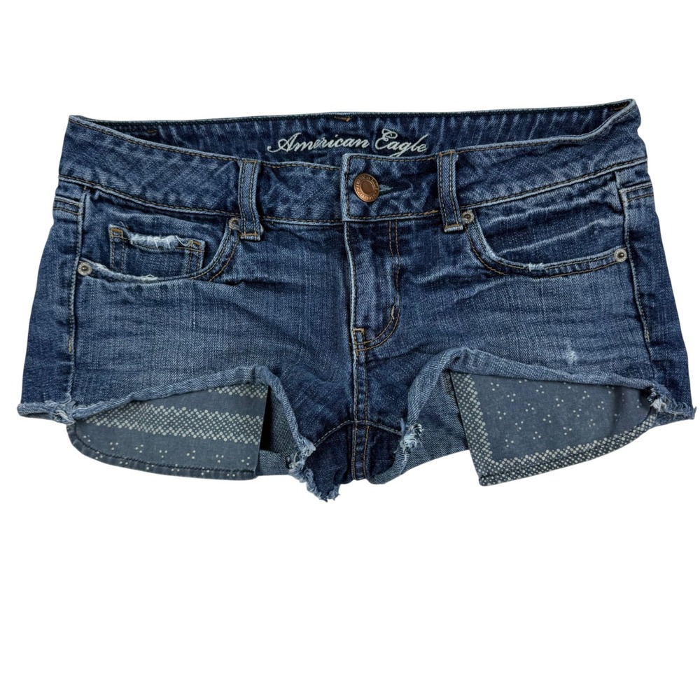 VTG Y2K American Eagle Ultra Low Rise Denim Mini Micro Shorts Distressed Size 4